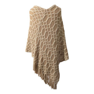 Cream & White Geo Pattern Fringed Poncho Sweater One Size Lagenlook Western EUC